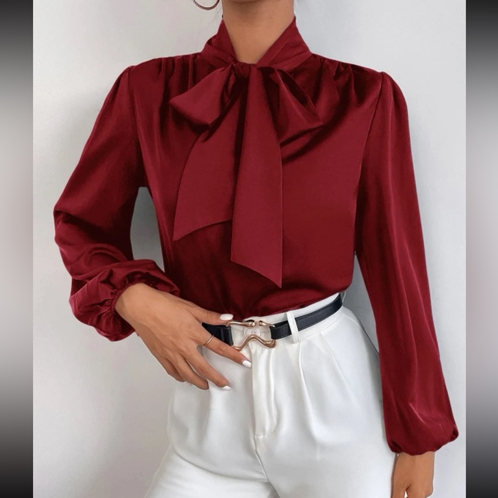 Classic Elegant Stain Tie Neck Work Office Top Blouse Shirt Brgundy